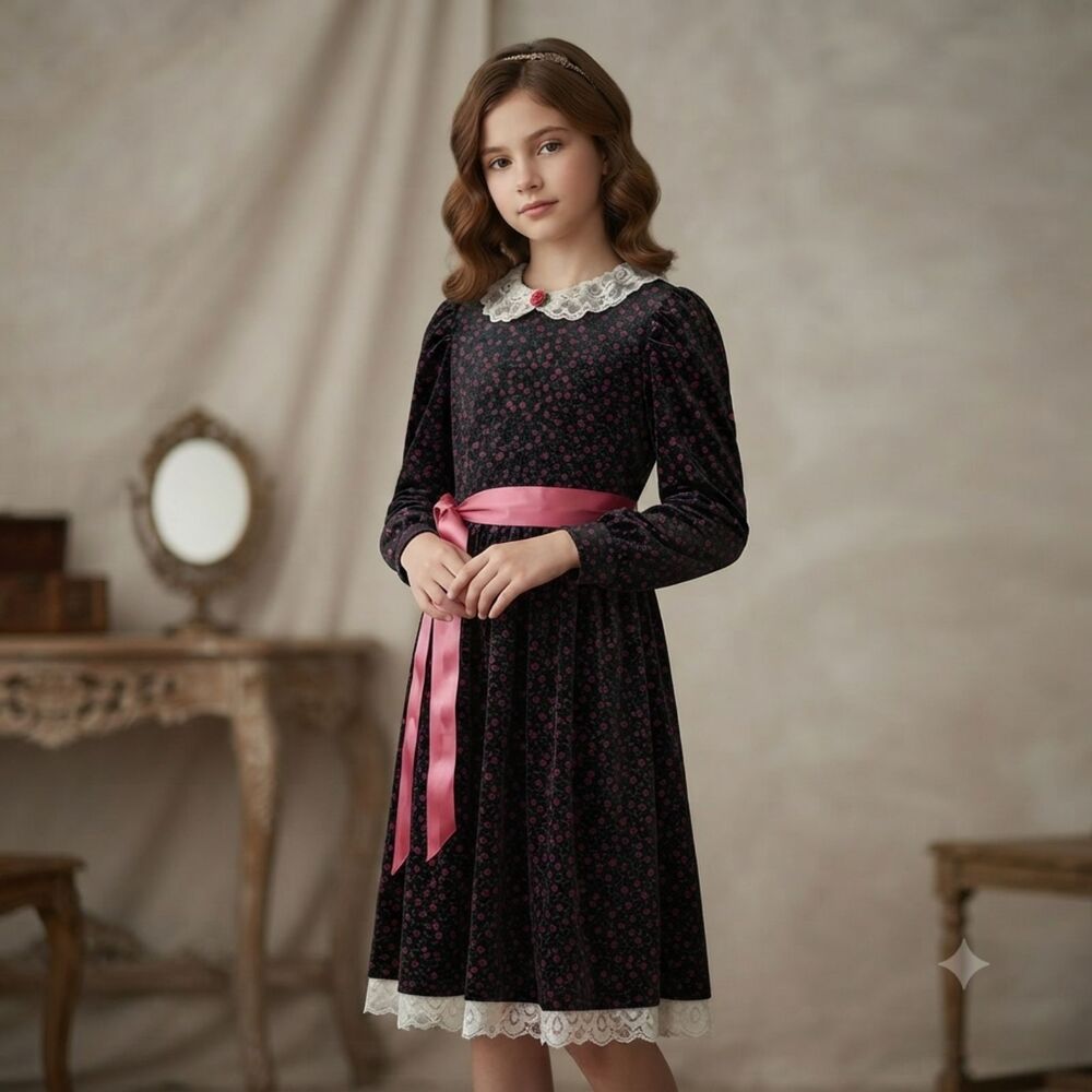 Vintage Bonnie Jean Girls Size 10 Black Pink Floral Velvet Dress Lace Collar USA